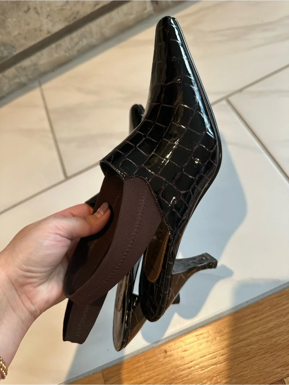 J. Renee Black Mock Croc Embossed Slingback Kitten Heels Mules